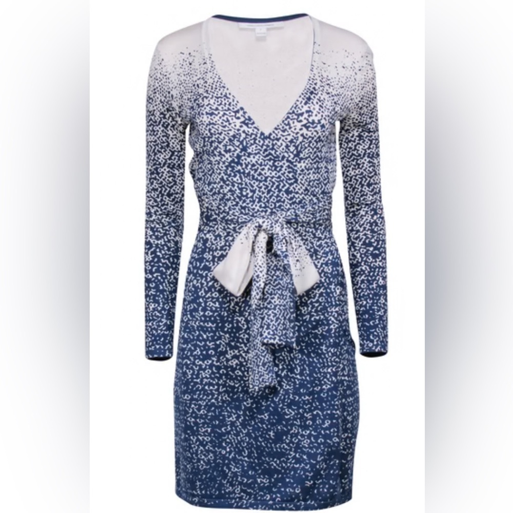 Diane Von Furstenberg Blue Printed Long-Sleeve Tie-Waist Dress
